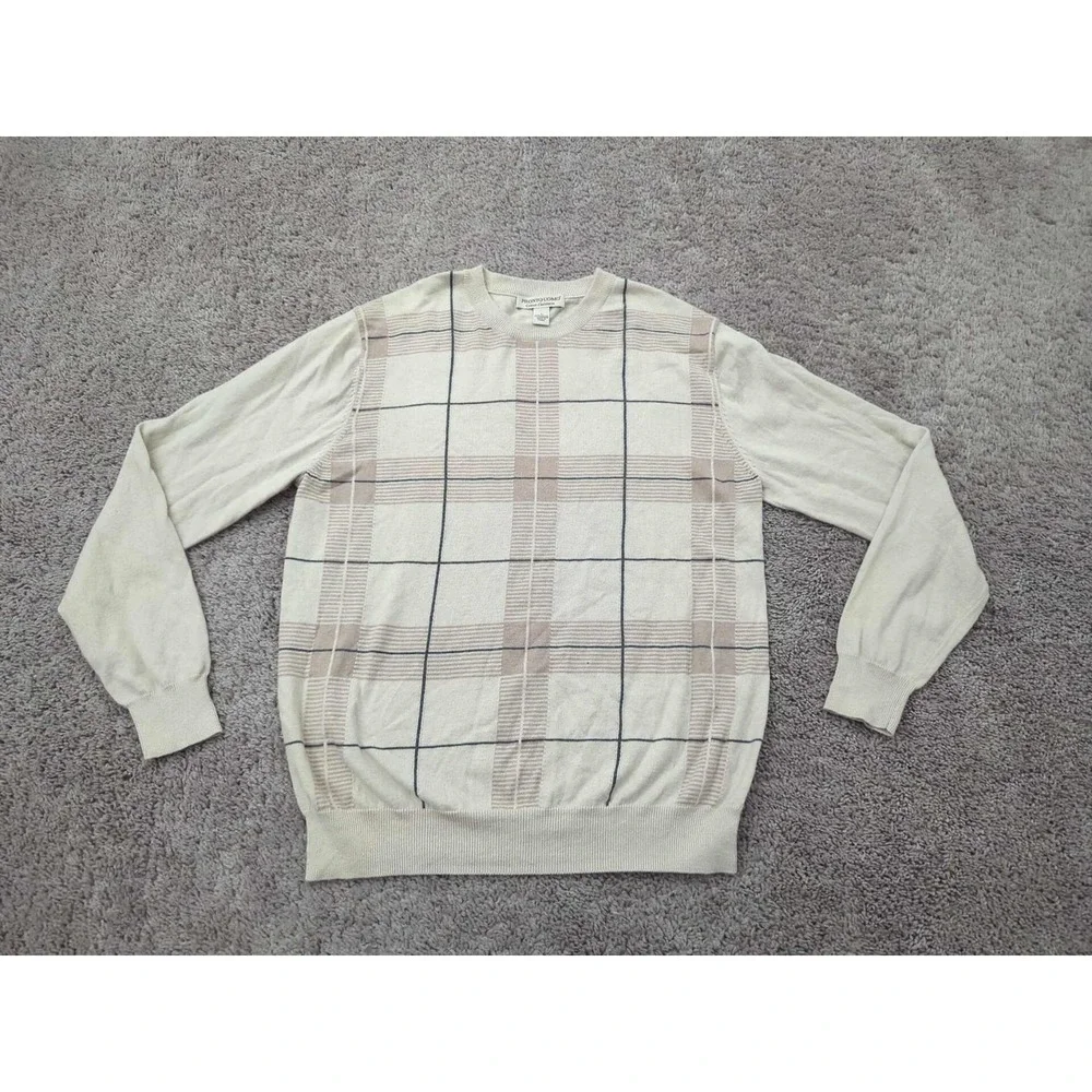 Pronto Uomo Sweater‎ Mens Large Beige Plaid Cotton 5% Cashmere Crewneck Pullover